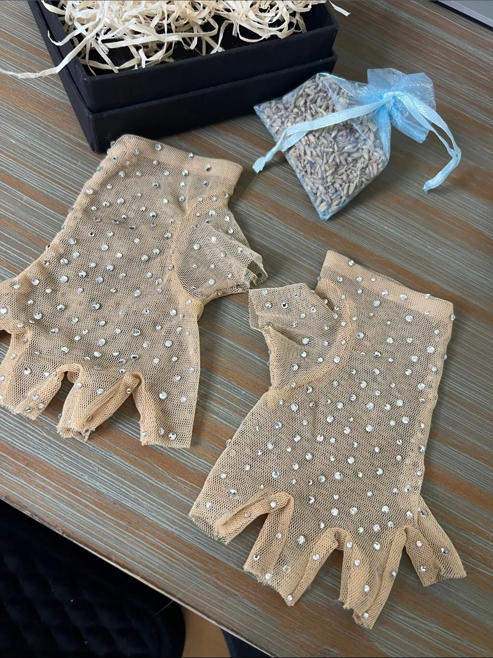 NWT Paris Hilton Fingerless Rhinestone Nude Mesh Gloves Wedding Festival